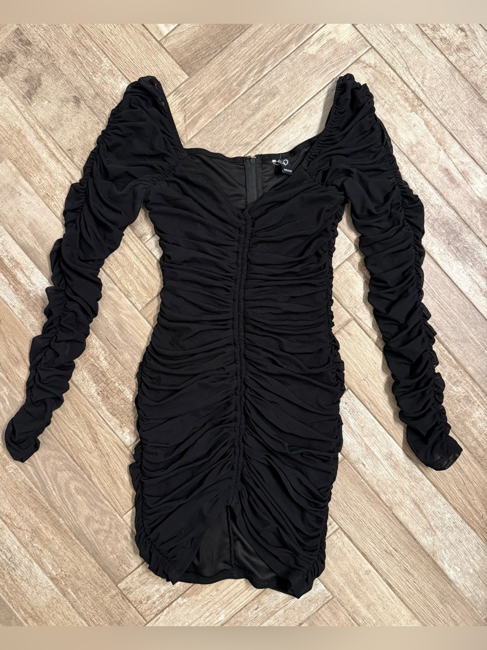 Black ruched dress with sheer long sleeves